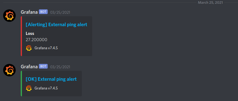An example alert and alert clearance notification in Discord