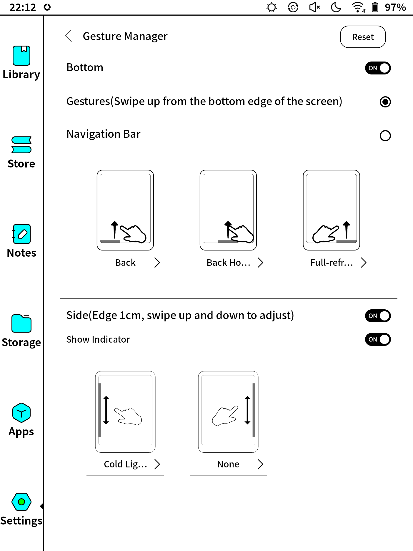 Configuration menu for the gestures. Upper half shows config for the gestures that swipe up from the bottom, left, center and right of the screen. Lower half shows config for the side scroll areas.