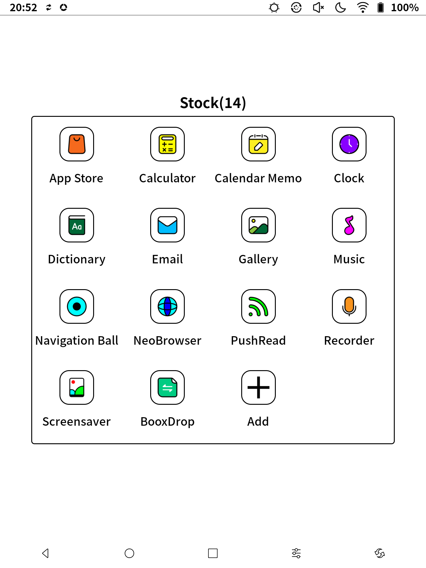 View of the Stock folder, 14 items. From left to right and top to bottom: App Store, Calculator, Calendar Memo, Clock, Dictionary, Email, Gallery, Music, Navigation Ball, NeoBrowser, PushRead, Recorder, Screensaver, BooxDrop and a button to add more.