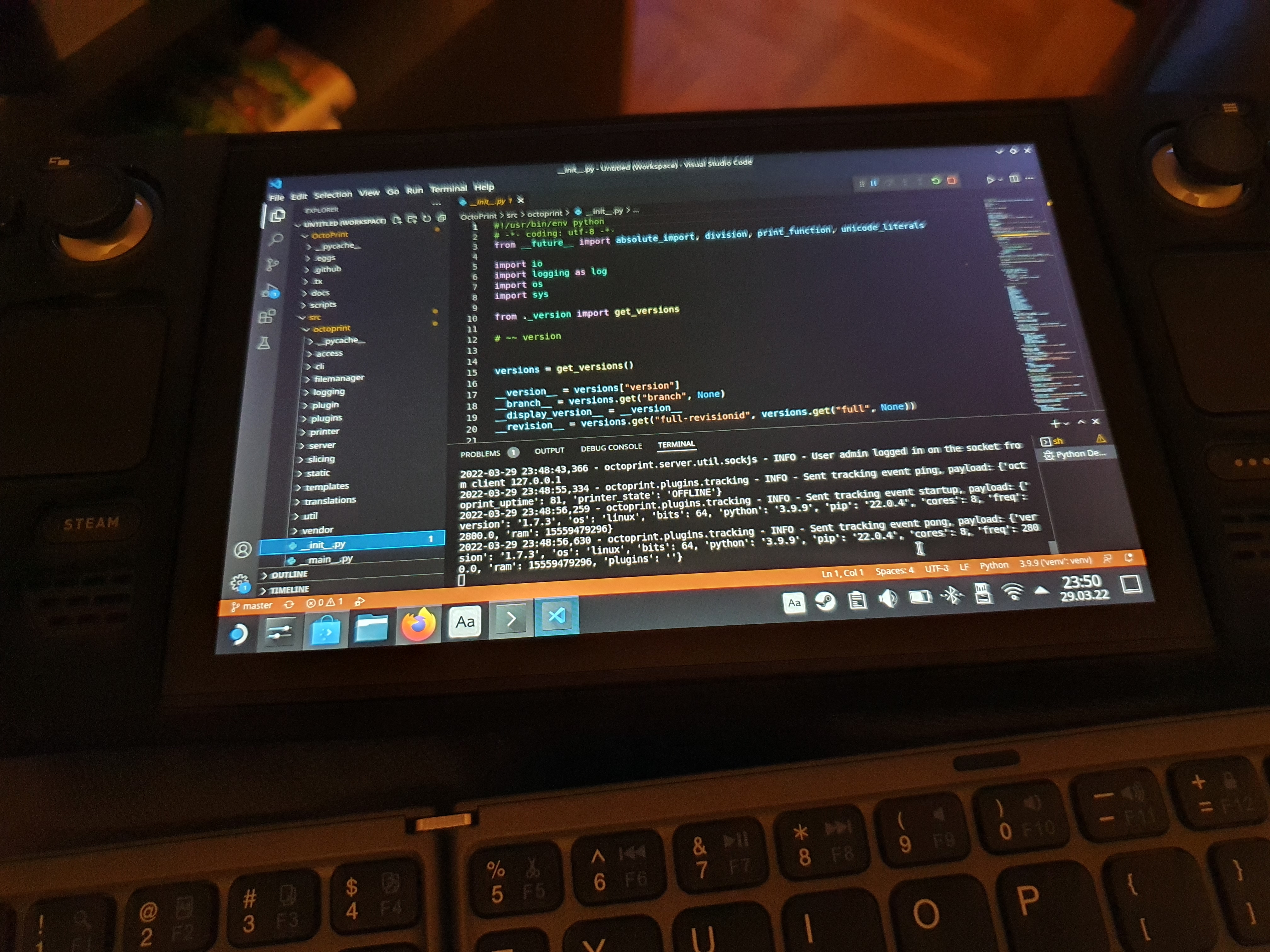 Visual Studio Code with OctoPrint&rsquo;s code running on a Steamdeck in desktop mode. In front of the deck there&rsquo;s a foldable Bluetooth keyboard.
