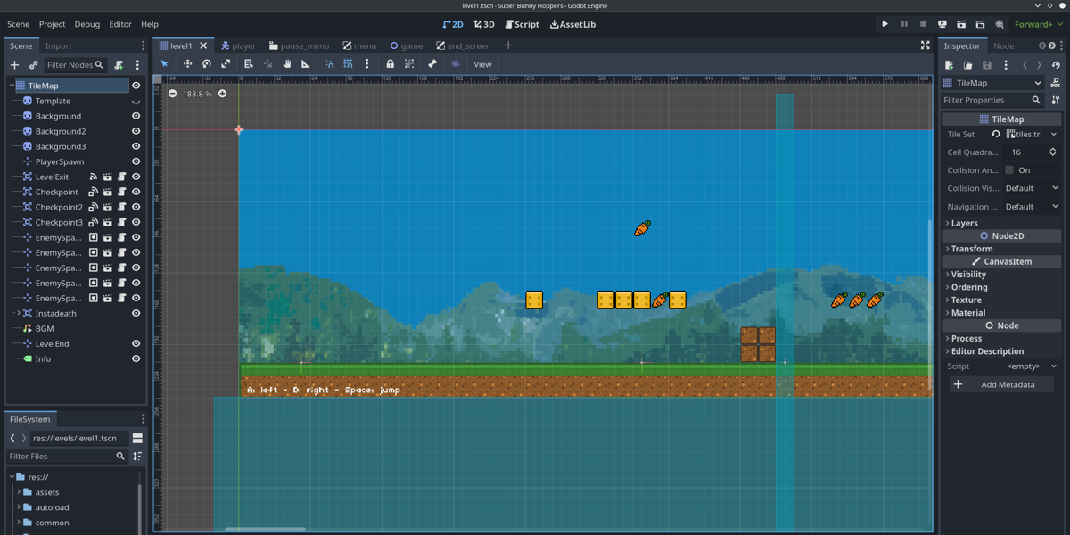 Screenshot of Godot Engine, showing a level of my partner's and my first game Super Bunny Hoppers being edited.