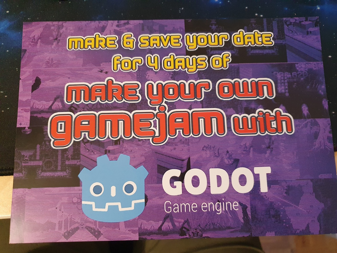 A coupon saying &ldquo;Make and save your date for 4 days of Make Your Own Gamejam with Godot Game Engine&rdquo;