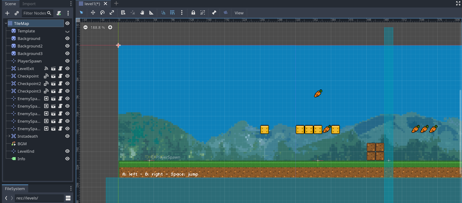 A screenshot from Godot Engine, showing a level scene with the aforementioned additional nodes below the tilemap