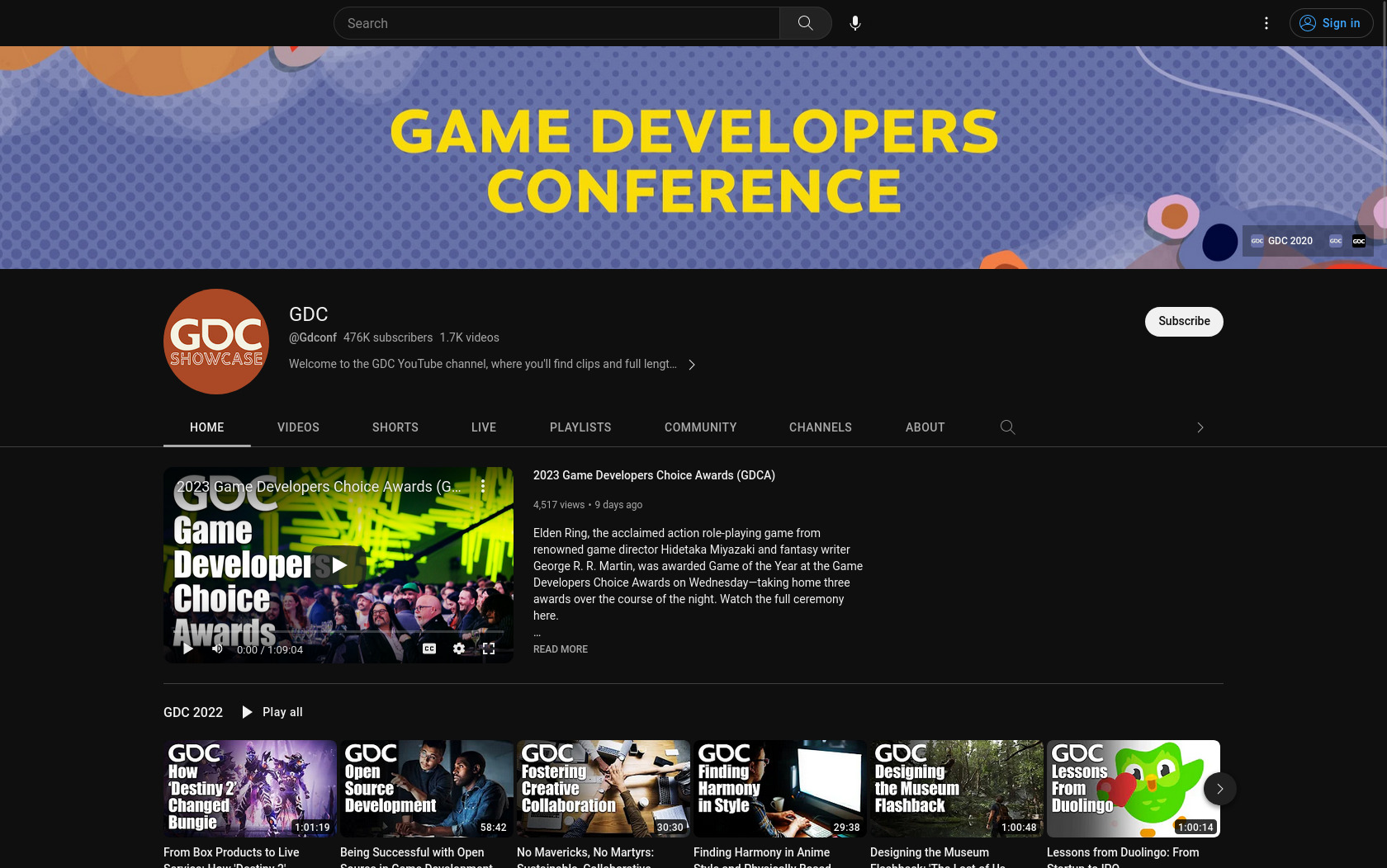 Screenshot of the GDC YouTube channel