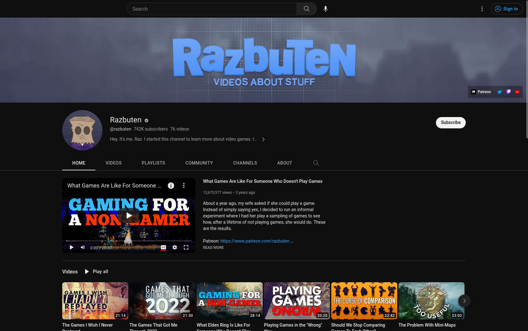 Screenshot of Razbuten&rsquo;s YouTube channel