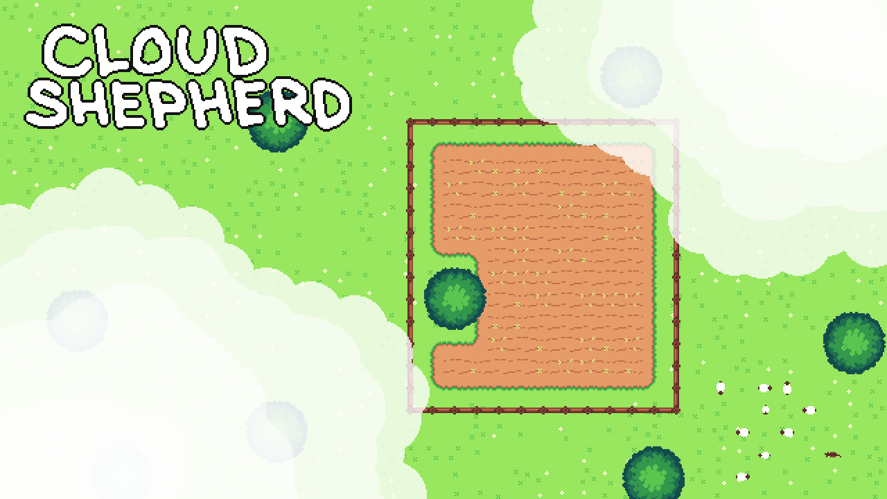 The title screen of my game Cloud Shepherd, showing a rural landscape from above, with some clouds, sheep, a herding dog and a field. All of that is done in brightly colored pixel art