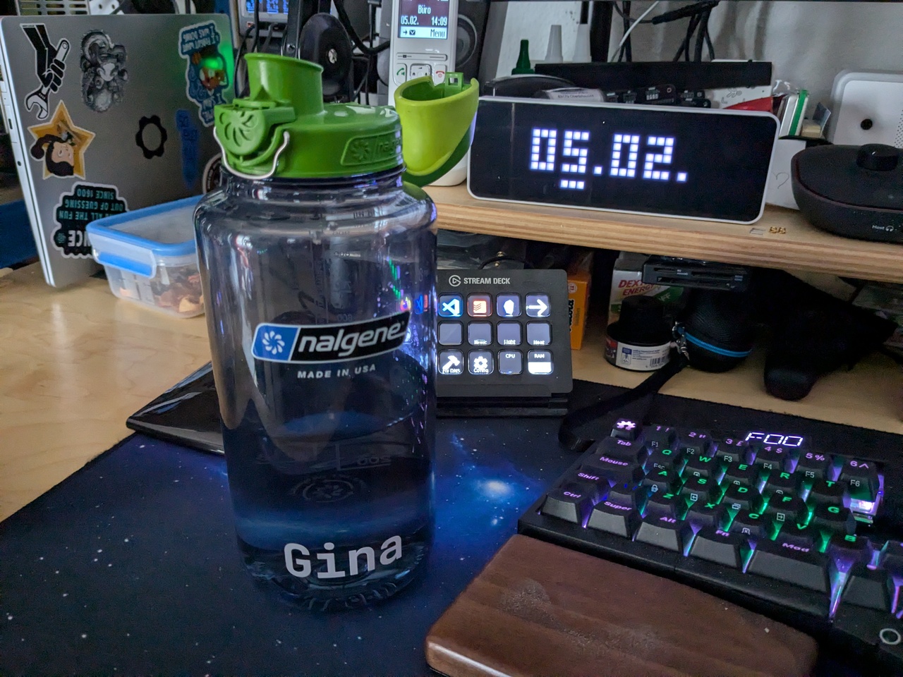 My open water bottle sitting on my desk.