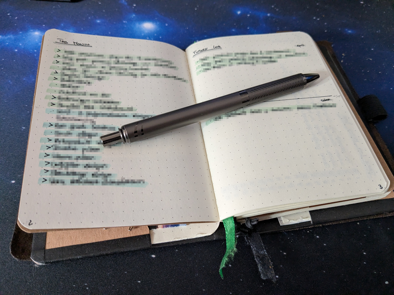 Spread in my notebook showing the tasks for this month, and the future tasks for next month and later dates.