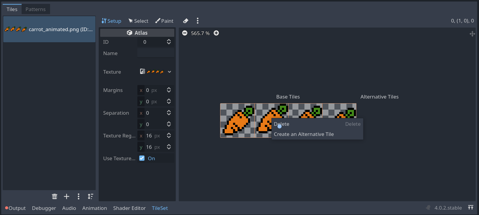 Screenshot of Godot 4’s tileset editor, showing the freshly added carrot, deleting wrongly added tiles
