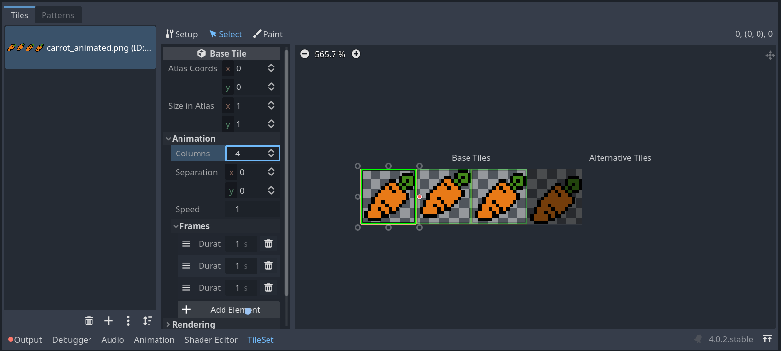 Screenshot of Godot 4’s tileset editor, showing the final animation setup on the “Select” panel as described in the text