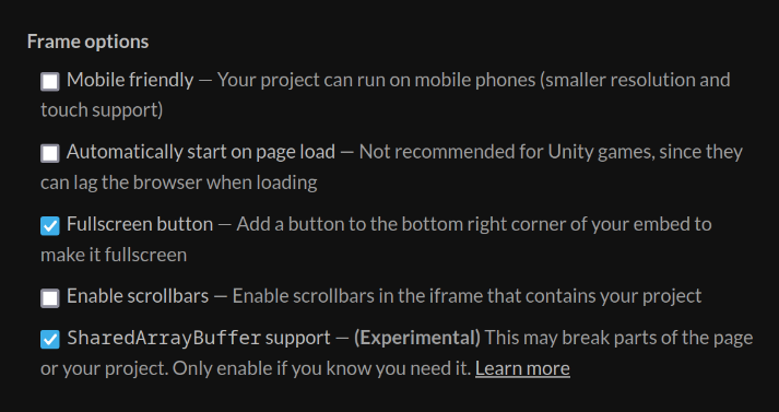 The mentioned embed options, &ldquo;Shared Array Buffer support&rdquo; is checked