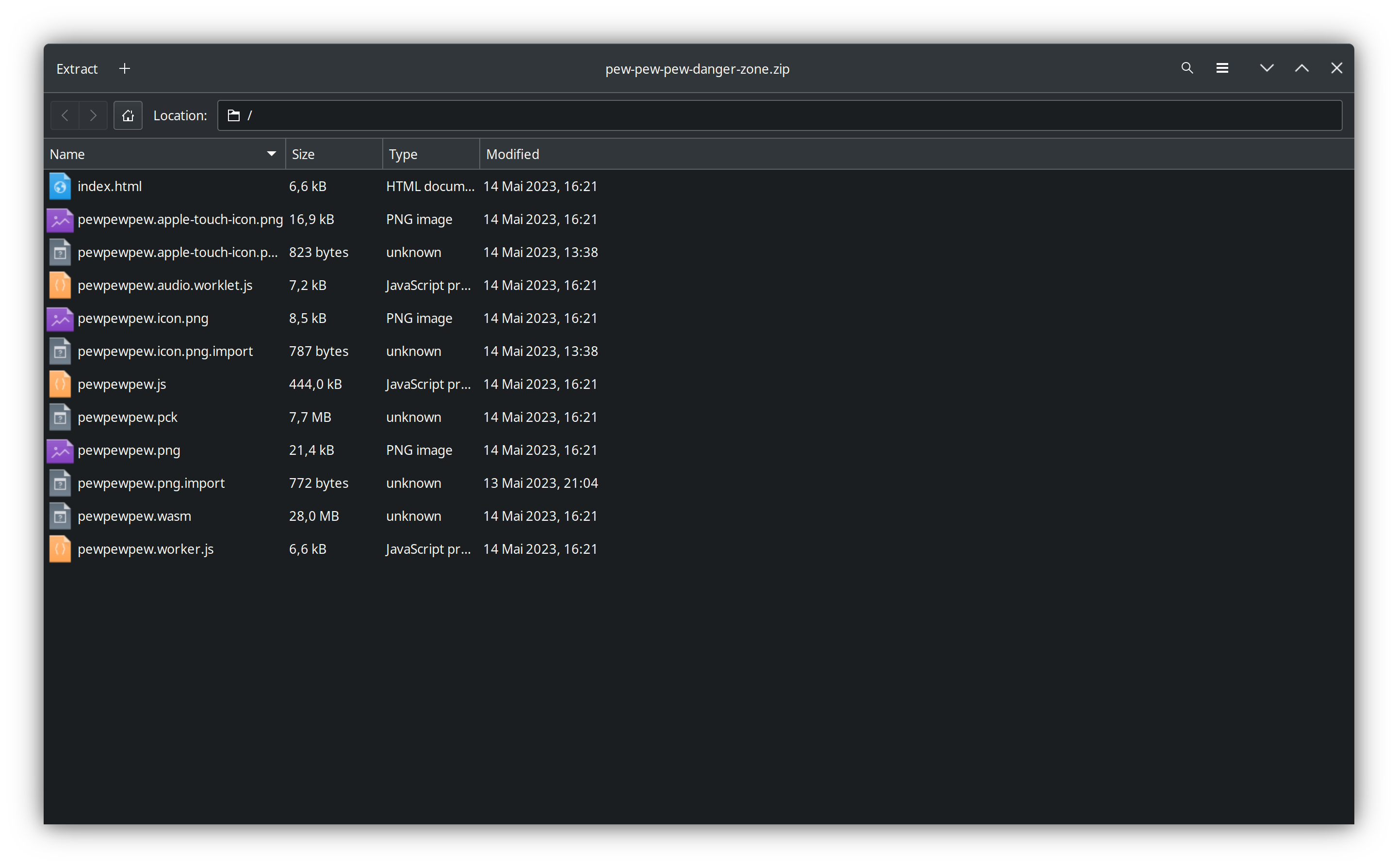 The contents of the created zip file, the html file has been renamed to index.html, all files are in the zip&rsquo;s root