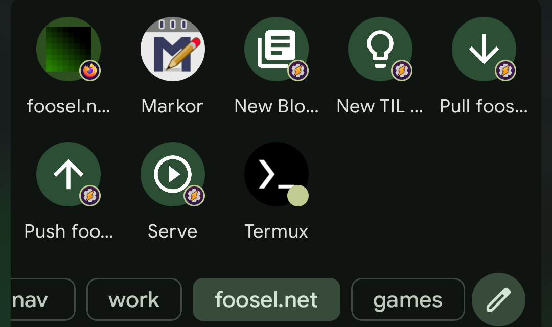 My launcher showing all created Tasker tasks as shortcuts, as well as a Firefox shortcut to the local page, plus Markor and Termux