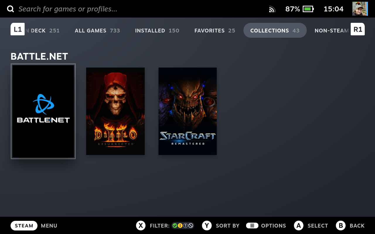 Screenshot from the Steamdeck, showing a “Battle.net” collection containing Battle.net, Diablo II: Resurrected and StarCraft Remastered shortcuts