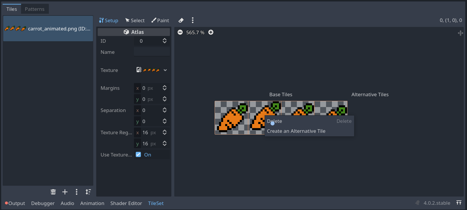 Screenshot of Godot 4&rsquo;s tileset editor, showing the freshly added carrot, deleting wrongly added tiles