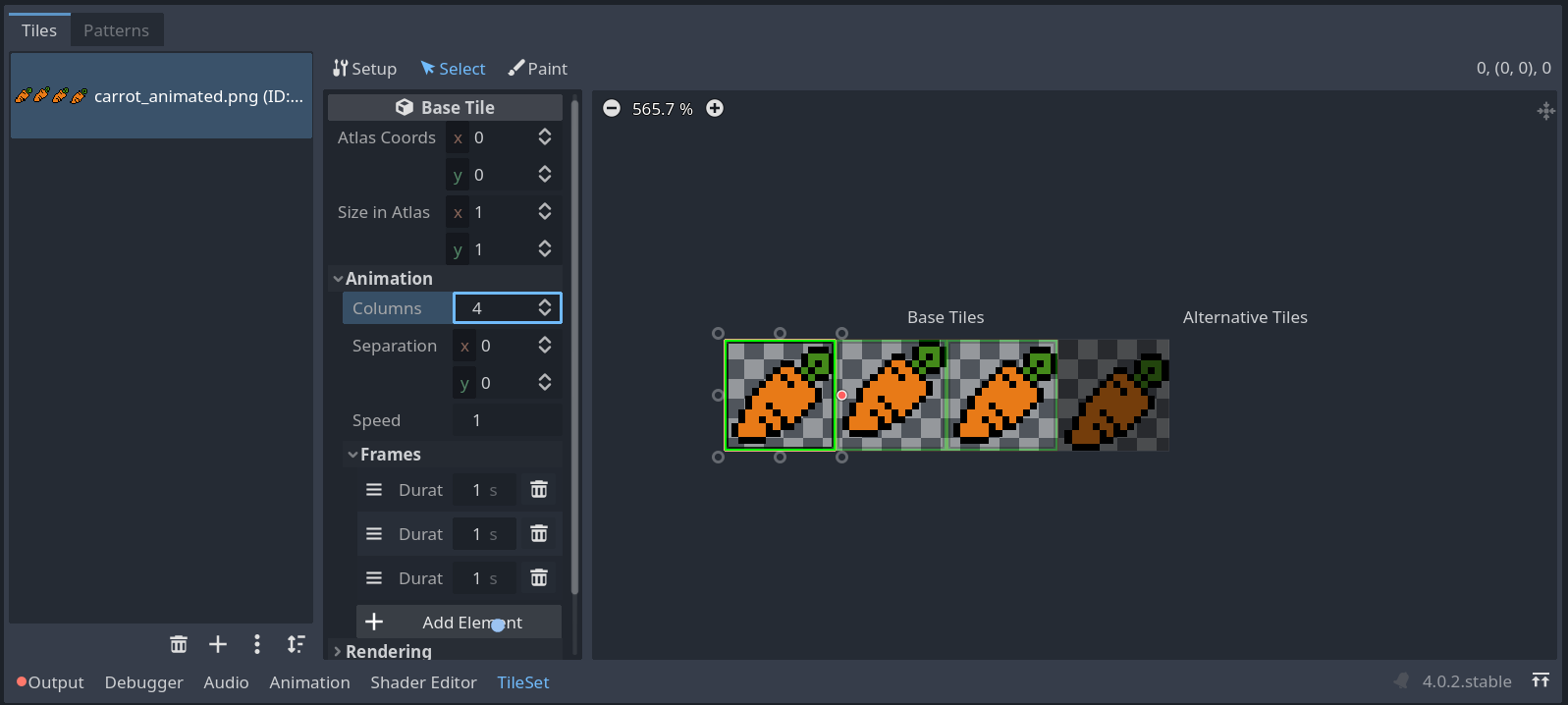 Screenshot of Godot 4&rsquo;s tileset editor, showing the final animation setup on the &ldquo;Select&rdquo; panel as described in the text