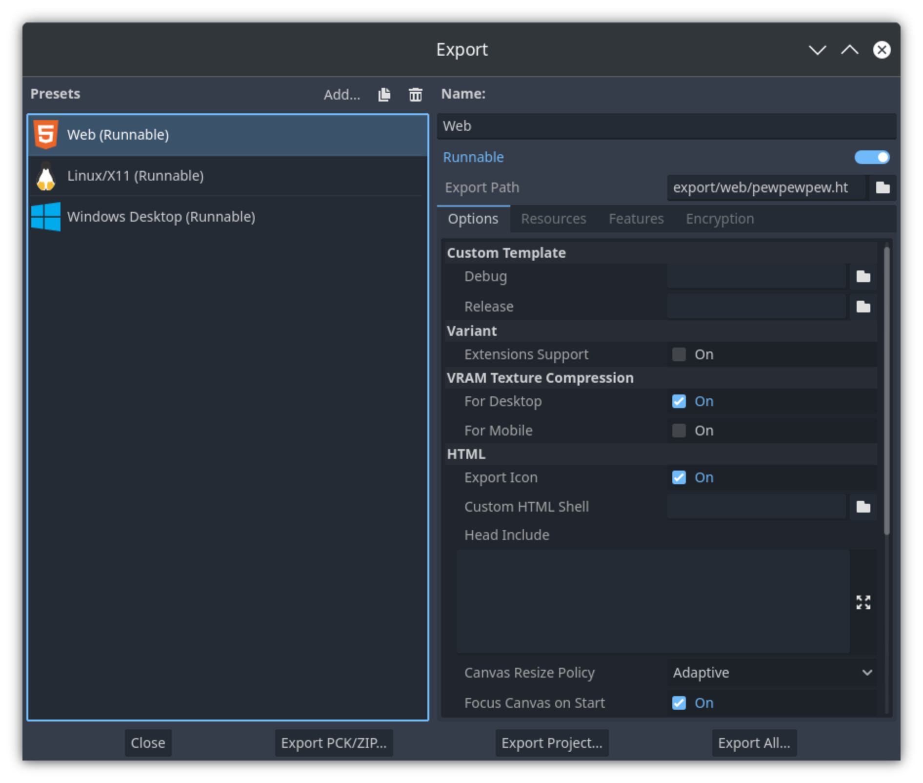 The export dialog of the Godot Engine 4 editor with the Web export template selected