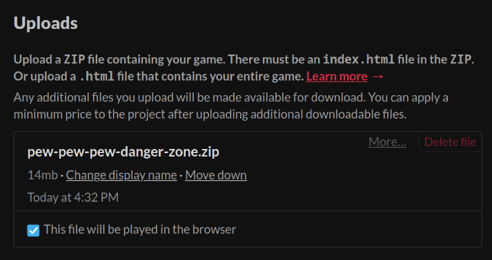 itch.io&rsquo;s upload dialog, the mentioned option is checked next to the zip upload